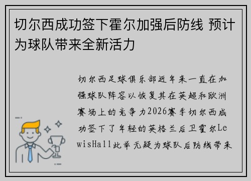 切尔西成功签下霍尔加强后防线 预计为球队带来全新活力 切尔西成功签下霍尔加强后防线 预计为球队带来全新活力