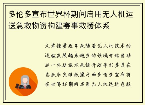 多伦多宣布世界杯期间启用无人机运送急救物资构建赛事救援体系